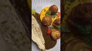 Chicken ballotine with green olive carrot mousseline and dauphine potatoes food cooking recipe [upl. by Ellocin]