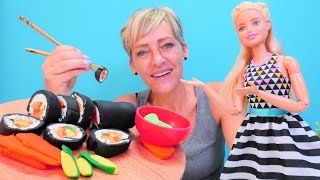 PlayDoh Spielspaß mit Nicole und Barbie  Wir machen aus Knete Sushi Pizza und Popcorn [upl. by Keviv]