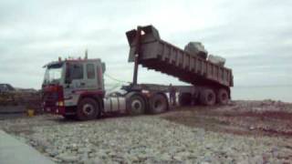 Mansel Davies Volvo FL12 and Jones brothers Liebherr R914 playing on the beach [upl. by Ahtnamas443]