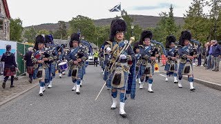 RAF Central Scotland Pipes amp Drums parade through village to 2018 Braemar Gathering Highland Games [upl. by Assirialc616]