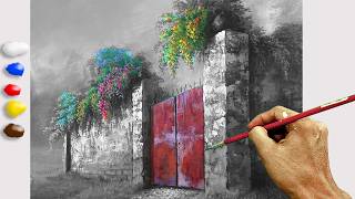 How to Paint Red Gate with Flowers in Acrylics  Timelapse  JMLisondra [upl. by Malley653]