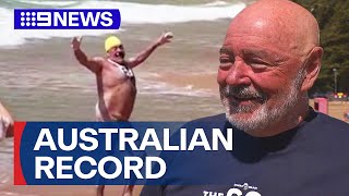 Elderly swimmer completes Australias longest open ocean swim unassisted  9 News Australia [upl. by Acirtap]