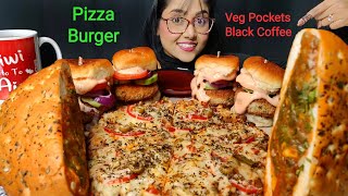 Eating Pizza Burger Veg Pockets  Big Bites  Asmr Eating  Mukbang  Pizza Asmr  Burger Asmr [upl. by Winters]