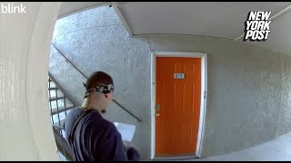 Man shoots through door at wouldbe burglars posing as maintenance workers video [upl. by Ateloj]