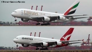 Qantas Airways and Emirates Airline Dual A380 take offs at SYDNEY AIRPORT [upl. by Herriott]