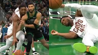 Jayson Tatum takes out Donovan Mitchell with shoulder as Celtics end Cavs 150 start [upl. by Ecerehs485]