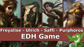 Freyalise vs Ulrich vs Saffi vs Purphoros EDH  CMDR game play for Magic The Gathering [upl. by Nosreffej]