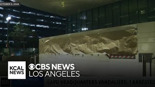 Man arrested for spray painting quotFree Palestinequot on LAPD headquarters sign during protest [upl. by Leynwad281]