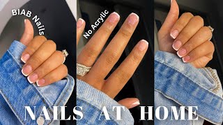 FRENCH TIPS MANI AT HOME No Acrylic  Builder Gel Mani  BIAB Short Square Nails [upl. by Ydnab]