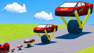 Big amp Small OneWheel Lightning McQueen Tesla Cybertruck VS Spiderman Tank Engine Train BeamNGdrive [upl. by Meingoldas]