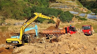 Trucks Excavator Digging Moving Out Dirt JCB JS200 Kobelco SK200 [upl. by Accebar]