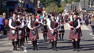 Street parade of the massed Scottish Pipe Bands along Atholl Road Pitlochry Scotland Sept 2018 [upl. by Prowel]