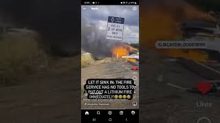 Tesla Lithium Battery Fire  Fire Department No Tools For Suppression [upl. by Lanaj304]