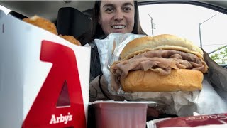 MUKBANG ARBYS ROAST BEEF SANDWICH WCURLY FRIES amp MOZZARELLA STICKS ASMR [upl. by Suneya]