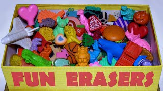 Whats in the box Old FUN ERASERS from the 1980s Dinosaurs Food Holiday Sports Animals  more [upl. by Fabrice934]