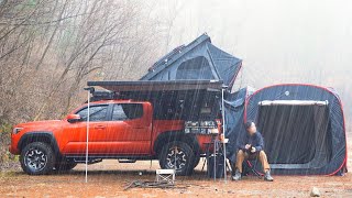 🌧️ Rain forest Solo camping like rest 🤔 Dock the popup tent to the rear of the pickup truck [upl. by Lednek]