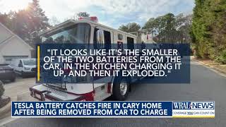 Tesla battery catches fire in Cary home after being removed from car to charge [upl. by Jary]