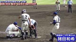 【顔面直撃死球】２０１６秋季兵庫県大会・決勝 神戸国際大附 猪田和希 [upl. by Fellows]