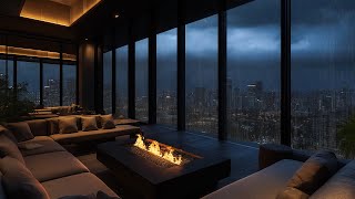 Cozy Living Room With A View Of Chicago At Night In Rainstorm  Fireplace amp Heavy Rain On Window [upl. by Kinna]