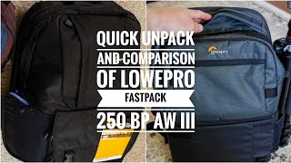 Unpacking and quick review and comparison of Lowepro Fastpack BP 250 AW III backpack [upl. by Leviralc146]