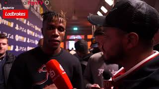 Wilfried Zaha Talks To Troopz  FIFA 18 Launch Party [upl. by Nahs]