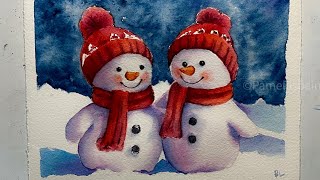 Watercolor Christmas card painting Tutorial  Snowman couple [upl. by Icken]