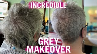 THE BEST GREY MAKEOVER YET Super short natural grey pixiecut for Kim [upl. by Fanni]