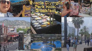 First breakfast at Evenia Olympic Park Hotel spain exploring shops in Lloret de mar spain [upl. by Naida]