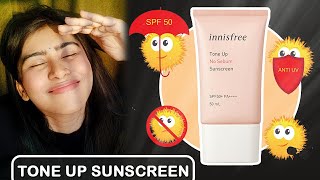 INNISFREE TONEUP SUNSCREEN REVIEW WITH DEMO  SPF 50 PA [upl. by Viviana]