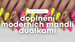 Doplňko duálkami s polygelem moderní mandle letní neonový design s kamínky  Kate nehty [upl. by Nauqes]