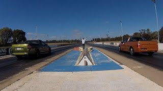 DRAG RACE Ford Falcon XR6 Turbo ute vs Holden SS V Redline ute [upl. by Htnnek]