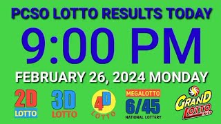 9pm Lotto Result Today February 26 2024 Monday ez2 swertres 2d 3d pcso [upl. by Ashlan]