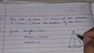 THE HEIGHT OF CONE IS 15 CM IF ITS VOLUME IS 570 CM CUBEFIND THE RADIUS OF BASE [upl. by Atterol]