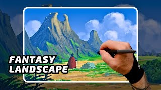 Fantasy Landscape DRAWING PROCESS RealTime with my FREE BRUSHES [upl. by Cullan]