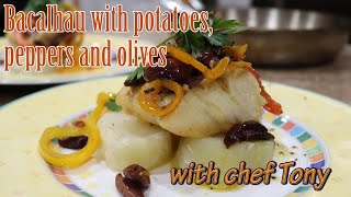 Portuguese Bacalhau with potatoes bell peppers and olives [upl. by Repsaj]