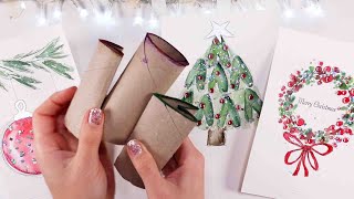 🎄How to Paint 3 EASY Watercolour Christmas Cards Tutorial using toilet paper rolls [upl. by Ennaisoj220]