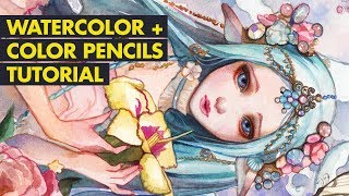 WATERCOLOR  COLOR PENCILS TUTORIAL  Painting Process of Nephele [upl. by Hillinck]