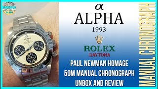 Very Nice  Alpha Paul Newman Rolex Daytona Homage 30m Chinese Manual Chronograph Unbox amp Review [upl. by Ekud]