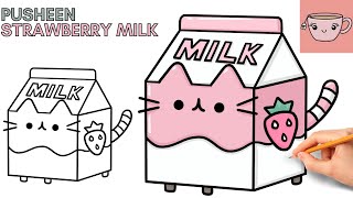 How To Draw Pusheen Cat  Strawberry Milk Carton  Cute Easy Step By Step Drawing Tutorial [upl. by Fredia]