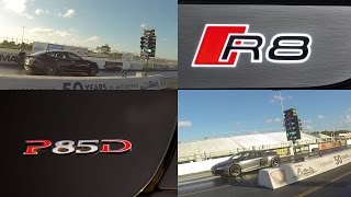 Tesla Model S P85D vs Audi R8 52 V10 14 Mile Drag Racing Launch Control [upl. by Richel]