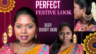 Perfect TRADITIONAL FESTIVE LOOK on deep dusky brown skin  beginners friendly [upl. by Justicz]