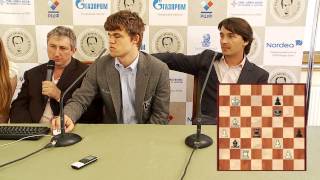 Tal Memorial 2012 Round 2 Magnus Carlsen and Alexander Morozevich commenting on their game [upl. by Ameerak465]