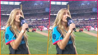 Ingrid Andress sings worst national anthem ever at 2024 Home Run Derby as MLB fans say our ears [upl. by Acsot]