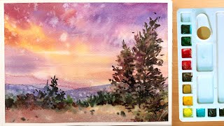 Watercolor Wonders Painting a Sunset Over Hilly Grassfields Landscape [upl. by Ramor283]