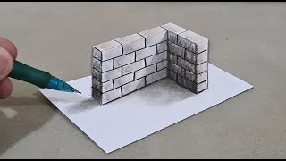 3d drawing wall on paper for beginner step by step [upl. by Erdnassac]