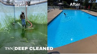 THIS HUGE POOL WAS CLOSED 🤮2 YEARS LETS CLEAN  Pressure washing  Restoration [upl. by Ecinereb]