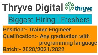 Thryve Digital Biggest Hiring  offcampus Freshers hiring  202020212022 [upl. by Drusie]