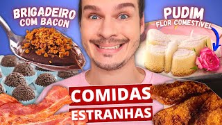 PROVAMOS COMIDAS ESTRANHAS DO APLICATIVO BRIGADEIRO COM FAROFA DE BACON PUDIM COM FLOR COMESTÍVEL [upl. by Sirret]