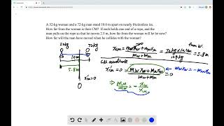 A 52 kg woman and a 72 kg man stand 10 0 m apart on nearly frictionless ice How far from the woman [upl. by Celin]