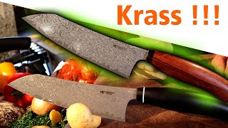 Die besten Damast Küchenmesser unter 200€  Schmiedeglut Essential Santoku Brotmesser Kneipchen [upl. by Roxane]